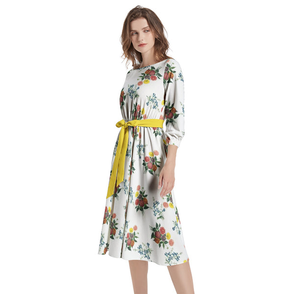 M Kemp Dahlia Boat Neck Belted Flared Dress - Objet D'Art