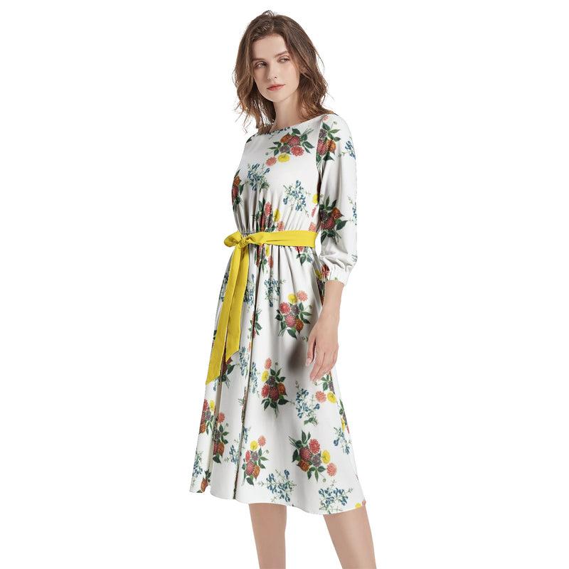 M Kemp Dahlia Boat Neck Belted Flared Dress - Objet D'Art