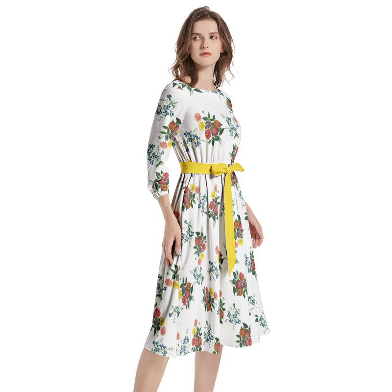 M Kemp Dahlia Boat Neck Belted Flared Dress - Objet D'Art
