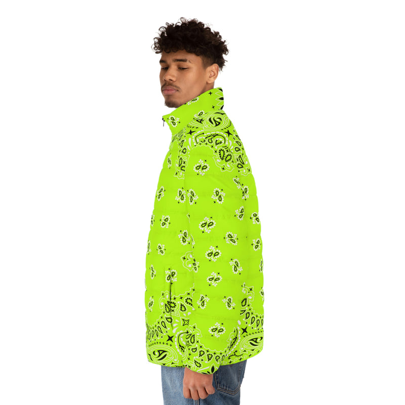 Neon Green Bandana Art Men's Puffer Jacket - Objet D'Art