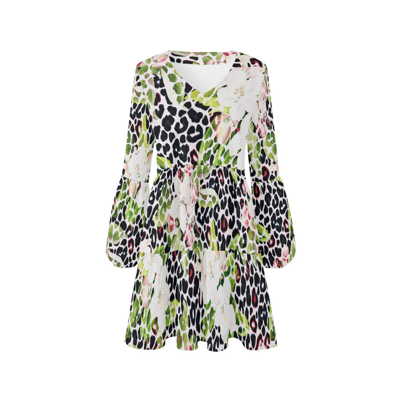 apple blossom leopard print V-Neck Loose Fit Dress (Model D62) - Objet D'Art