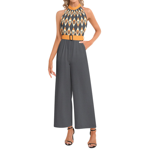 Halter Neck Buckle Belted Jumpsuit - Objet D'Art