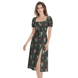 Skull and Roses Puff Sleeve Split Thigh Midi Dress - Objet D'Art