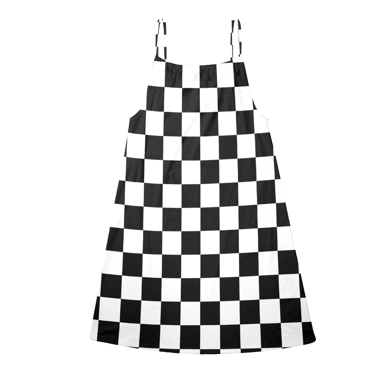 bw check print 2 Drawstring Neck Sleeveless Dress (Model D68) - Objet D'Art