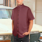 horizontal striped red gray black print Men's Stand-Up Collar Short Sleeve Shirt - Objet D'Art