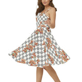 Floral Checkered Sleeveless Square Neck Flare Hem Midi Dress - Objet D'Art
