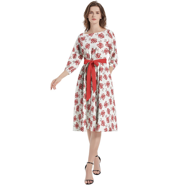 Boat Neck Belted Flared Dress - Objet D'Art