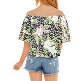 apple blossom leopard print Off Shoulder Knot Front Blouse (Model T71) - Objet D'Art