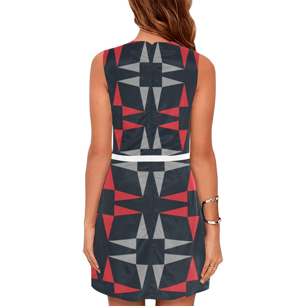 red gray black print 5A Eos Women's Sleeveless Dress (Model D01) - Objet D'Art