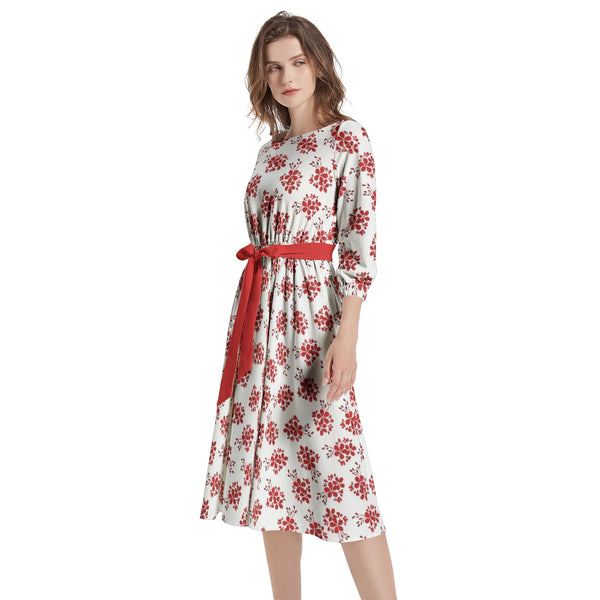 Boat Neck Belted Flared Dress - Objet D'Art