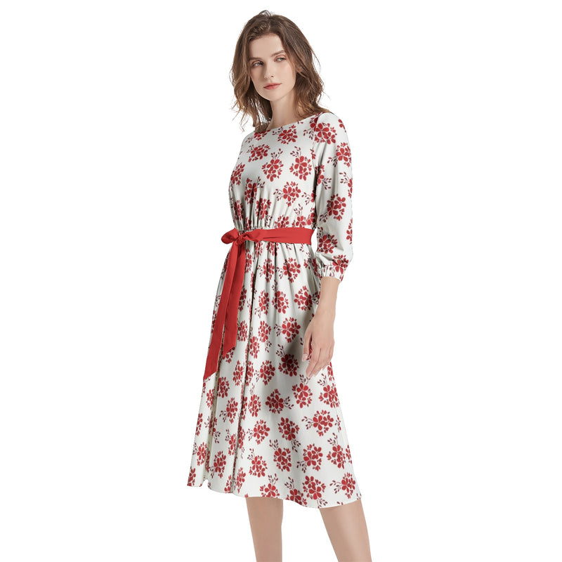 Boat Neck Belted Flared Dress - Objet D'Art
