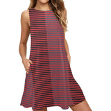 horizontal striped red gray black print Sleeveless A-Line Pocket Dress (Model D57) - Objet D'Art