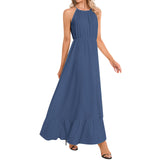 Morning Glory Blue Ruffle Hem Halter Neck Maxi Dress - Objet D'Art