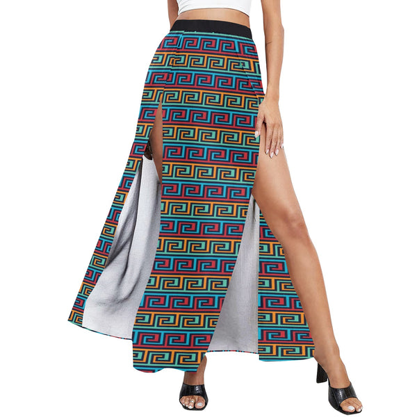poly chrome print greek key High Slit Long Beach Dress (Model S40)
