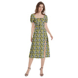 Lemon Print Puff Sleeve Split Thigh Midi Dress - Objet D'Art