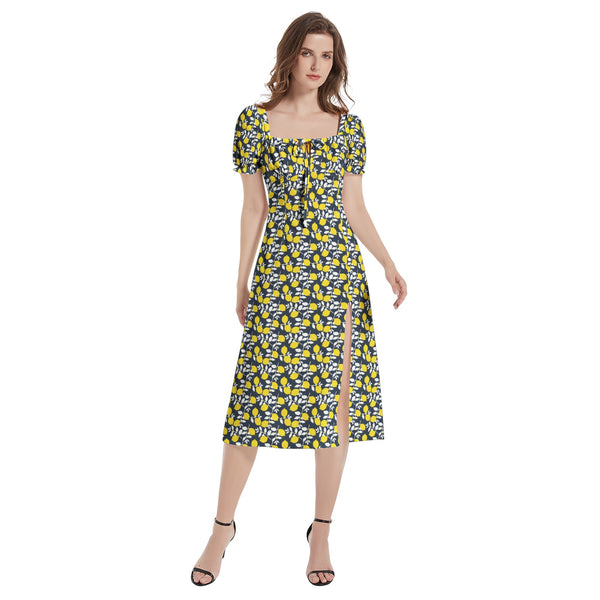 Lemon Print Puff Sleeve Split Thigh Midi Dress - Objet D'Art
