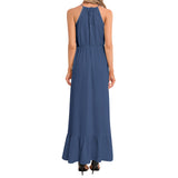 Morning Glory Blue Ruffle Hem Halter Neck Maxi Dress - Objet D'Art