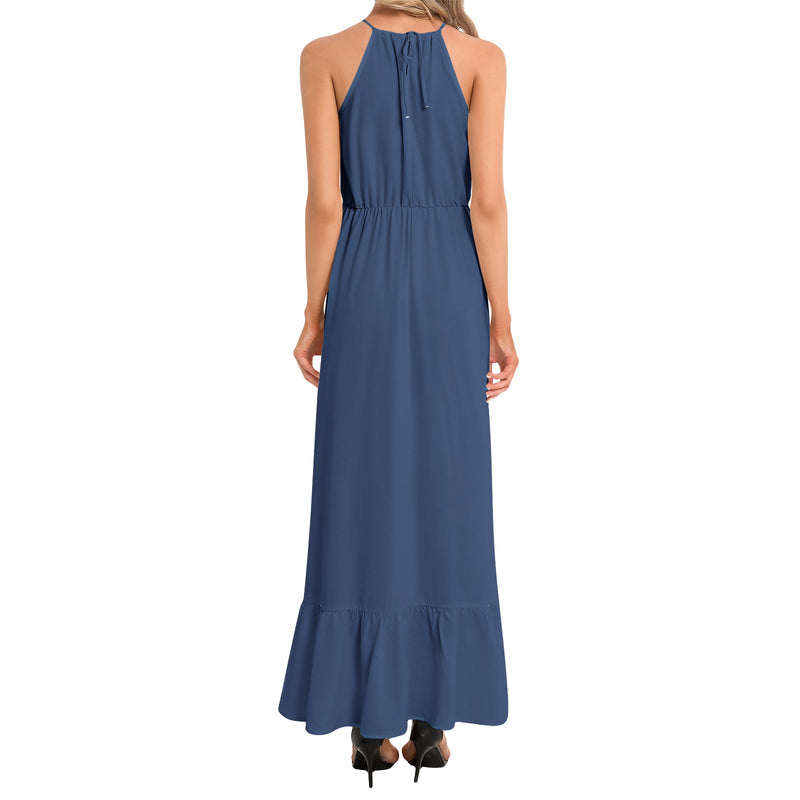 Morning Glory Blue Ruffle Hem Halter Neck Maxi Dress - Objet D'Art