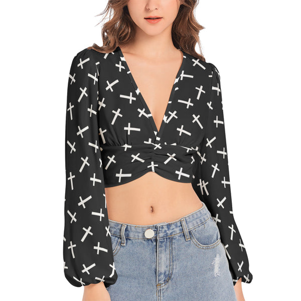 Crosses Women's Deep V-Neck Lantern Sleeve Crop Top - Objet D'Art