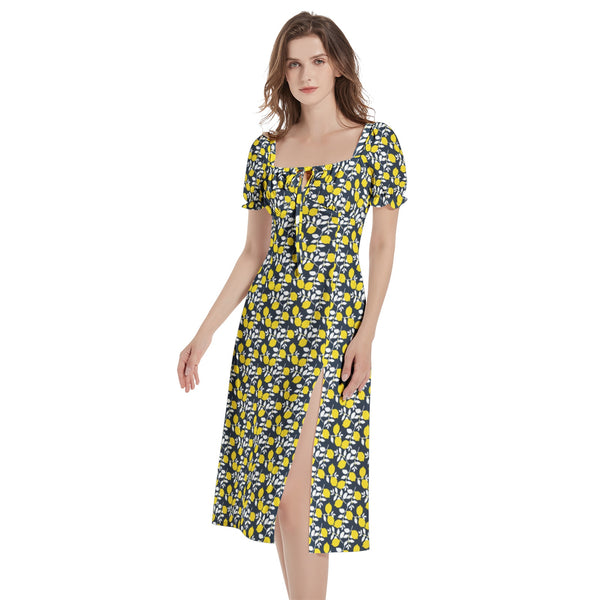 Lemon Print Puff Sleeve Split Thigh Midi Dress - Objet D'Art