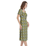 Lemon Print Puff Sleeve Split Thigh Midi Dress - Objet D'Art