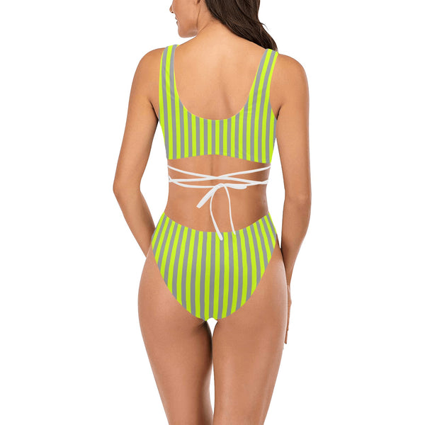 neon green striped Cross String Bikini Set (Model S29) - Objet D'Art