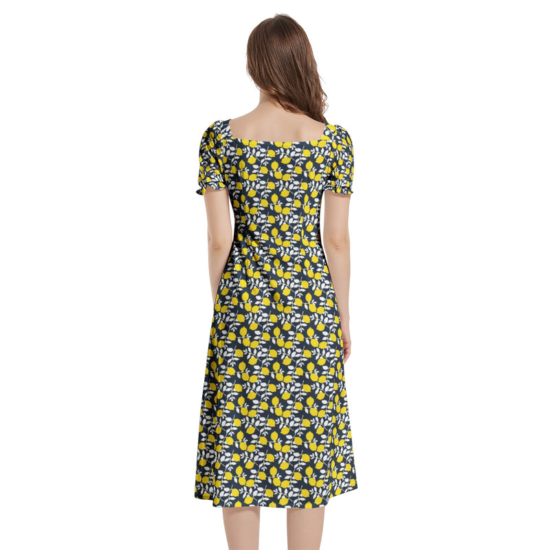 Lemon Print Puff Sleeve Split Thigh Midi Dress - Objet D'Art
