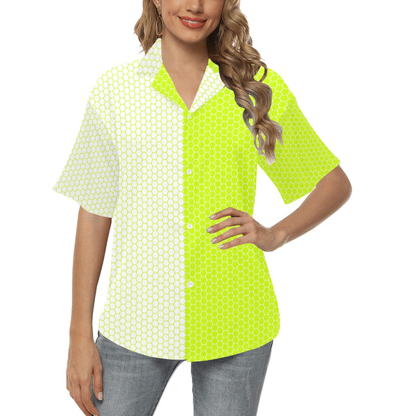 white on neon green hex print All Over Print Hawaiian Shirt for Women (Model T58) - Objet D'Art