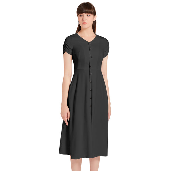 Black Puff Sleeve Button Through Dress - Objet D'Art