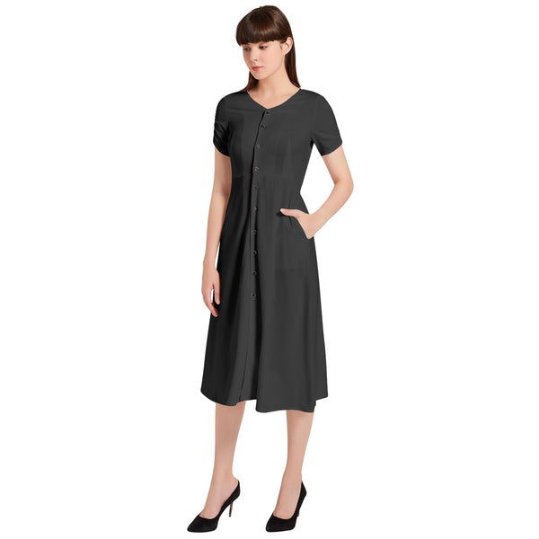 Black Puff Sleeve Button Through Dress - Objet D'Art