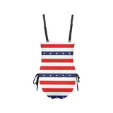 stars and stripes red white blue print 2 Drawstring Side One-Piece Swimsuit (Model S14) - Objet D'Art
