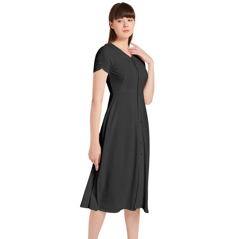 Black Puff Sleeve Button Through Dress - Objet D'Art