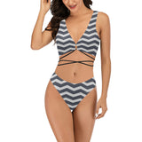 waves gray print 5 Cross String Bikini Set (Model S29) - Objet D'Art