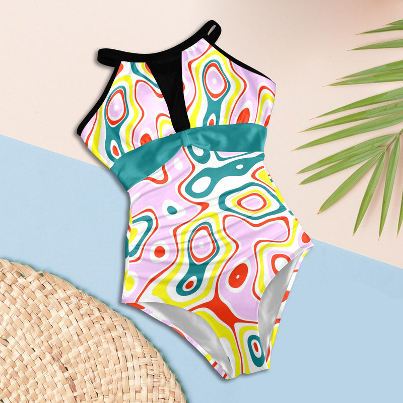light pine green solid print Women's High Neck Plunge Mesh Ruched Swimsuit (S43) - Objet D'Art