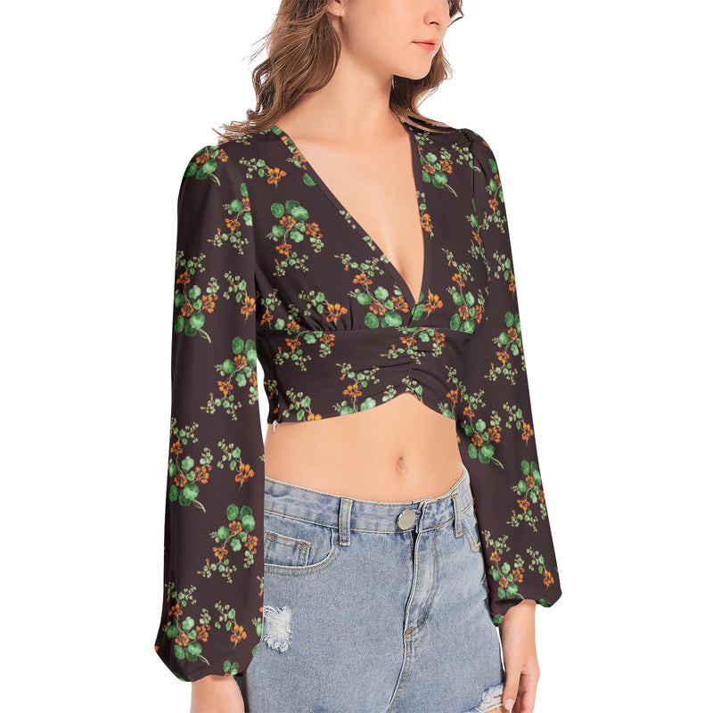 Nasturnium Women's Deep V-Neck Lantern Sleeve Crop Top - Objet D'Art