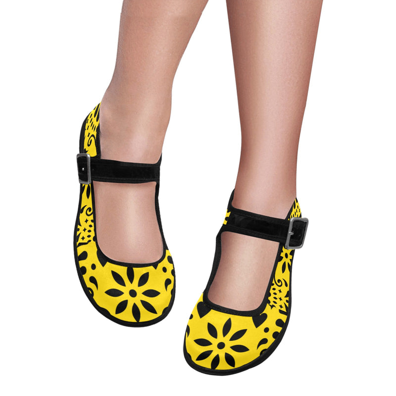 Yellow Papel Picado Mila Satin Women's Mary Jane Shoes (Model 4808) - Objet D'Art