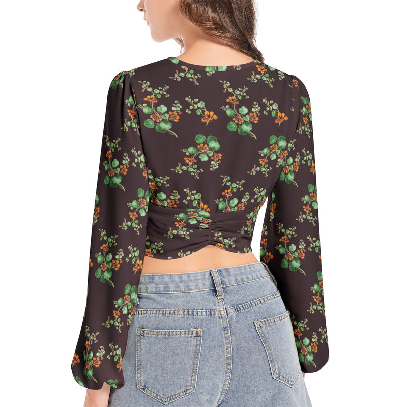 Nasturnium Women's Deep V-Neck Lantern Sleeve Crop Top - Objet D'Art