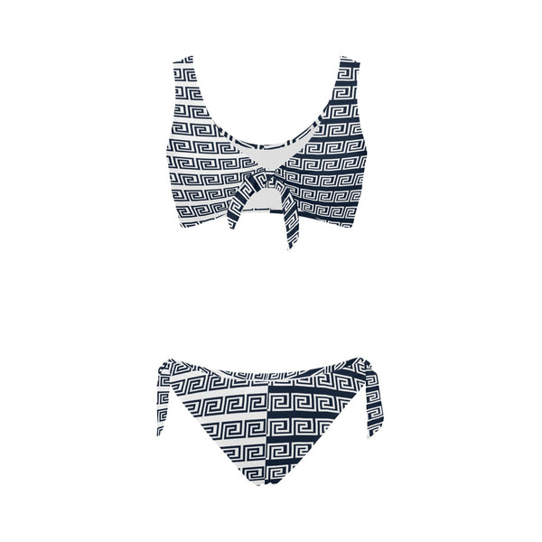 white on blue greek key print Bow Tie Front Bikini Swimsuit (Model S38) - Objet D'Art