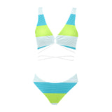 NEON GREEN BLUE WHITE MICROSTRIPED PRINT 2 Cross String Bikini Set (Model S29) - Objet D'Art