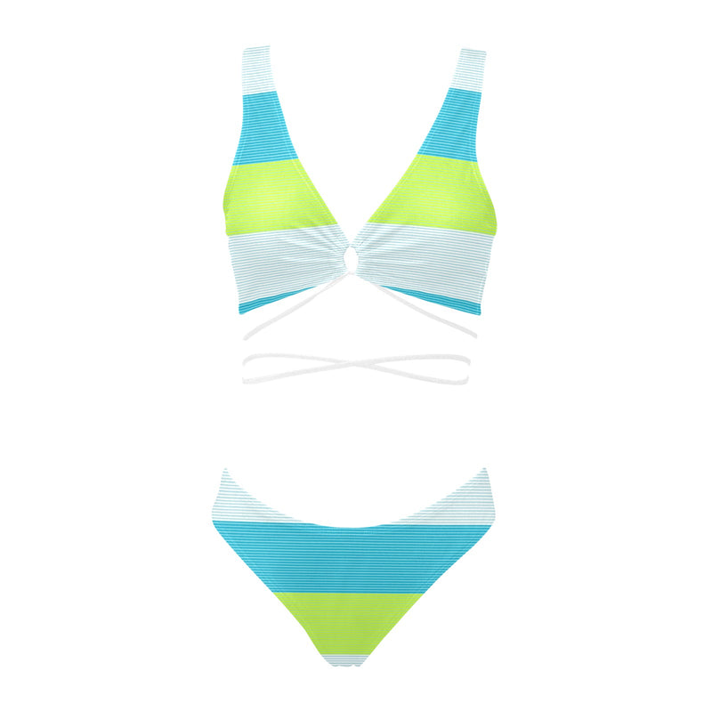NEON GREEN BLUE WHITE MICROSTRIPED PRINT 2 Cross String Bikini Set (Model S29) - Objet D'Art