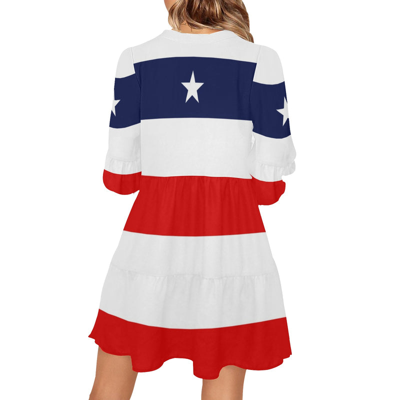 red white blue star and stripes print V-Neck Loose Fit Dress (Model D62) - Objet D'Art
