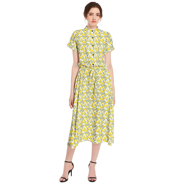 Lemon Print Drawstring Waist A-line Flared Midi Dress - Objet D'Art