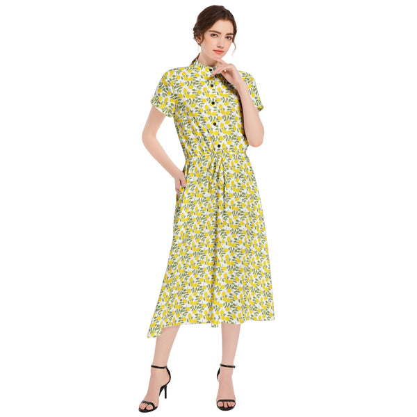 Lemon Print Drawstring Waist A-line Flared Midi Dress - Objet D'Art