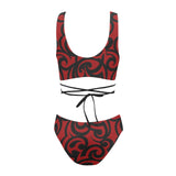 red and black scroll print Cross String Bikini Set (Model S29) - Objet D'Art