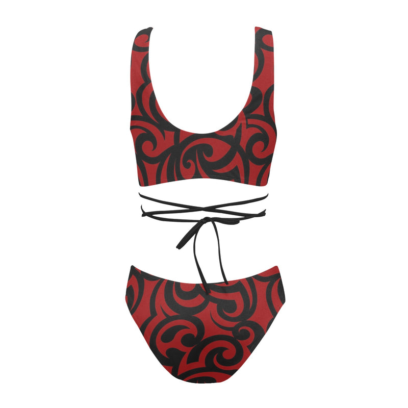 red and black scroll print Cross String Bikini Set (Model S29) - Objet D'Art