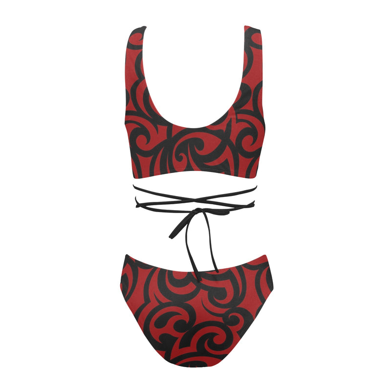 red and black scroll print Cross String Bikini Set (Model S29) - Objet D'Art
