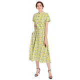 Lemon Print Drawstring Waist A-line Flared Midi Dress - Objet D'Art