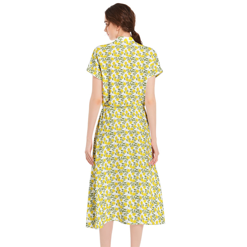 Lemon Print Drawstring Waist A-line Flared Midi Dress - Objet D'Art