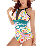 light pine green solid print Women's High Neck Plunge Mesh Ruched Swimsuit (S43) - Objet D'Art