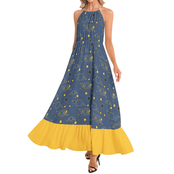Golden Blueprint Ruffle Hem Halter Neck Maxi Dress - Objet D'Art